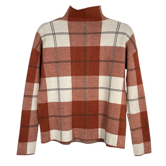 Rachel Zoe Plaid Mock Neck Sweater Rust Ivory Long Sleeve Women’s Medium Twee - Picture 2 of 12
